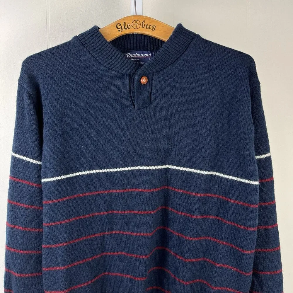 Vintage Tournament by Arrow Sweater Mens Large Navy Blue Red Stripe‎ Acrylic